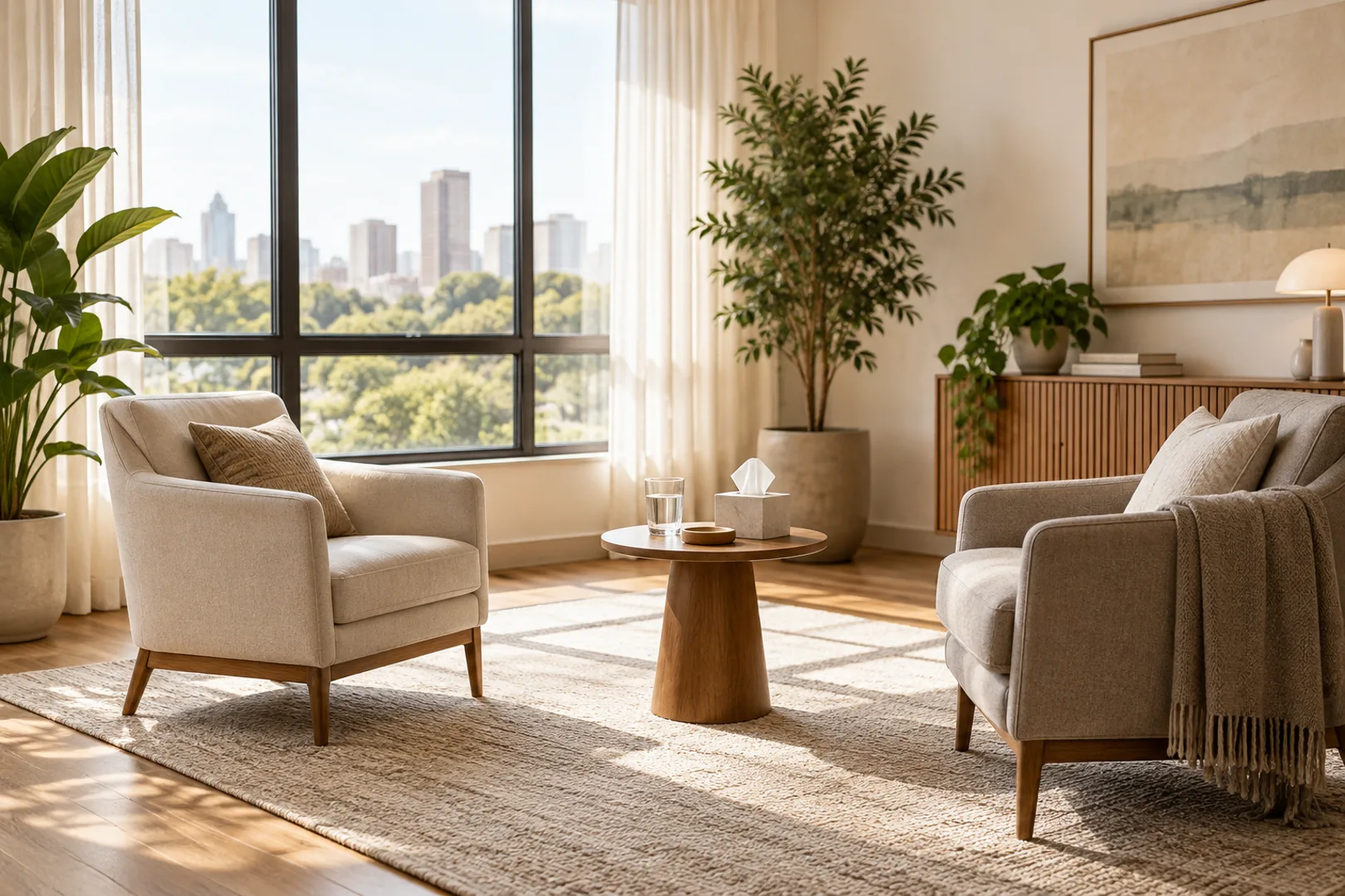 Consultório com duas poltronas, luz natural e plantas